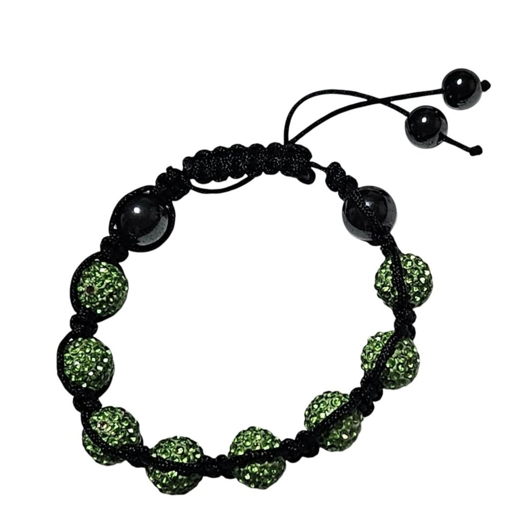 Retro Boho Hematite Beaded Bracelet Green Rhinestone Adjustable Black Cord Women